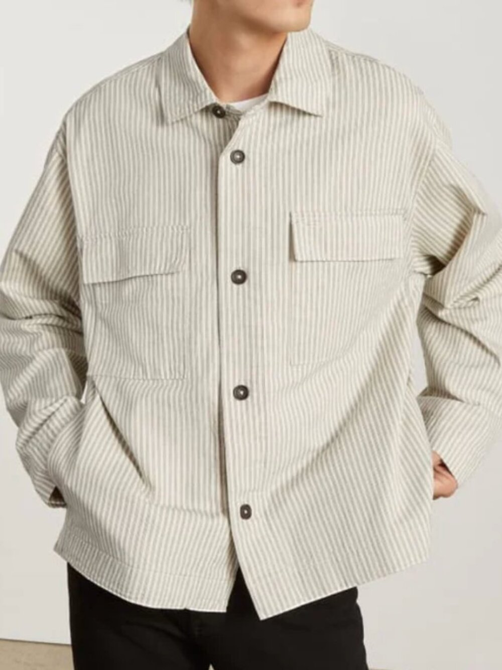Everlane "The Everyone" Spring Shirt Jacket in Tan/White Stripe — Size S (Unisex